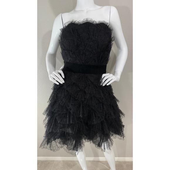 Tadashi Shoji Black Tulle Ruffled Silk Contrast Strapless Bustier Dress Sz 4 - Picture 9 of 12